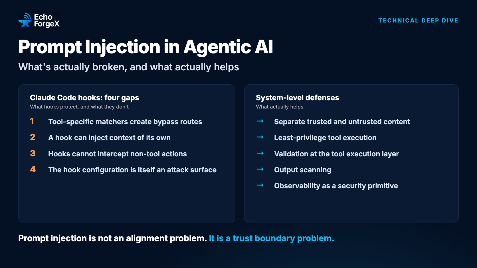Prompt Injection in Agentic AI: the four Claude Code hook gaps and five system-level defenses covered in the article. Prompt injection is not an alignment problem; it is a trust boundary problem.