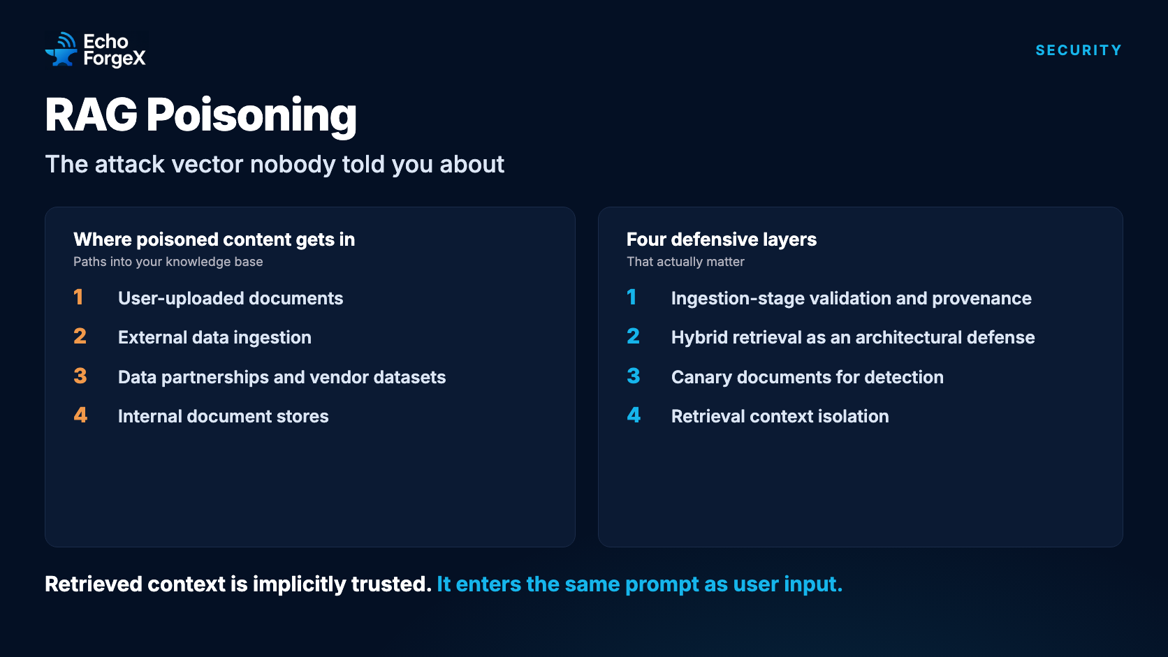 RAG Poisoning: the attack vector nobody told you about. Four ways poisoned content gets into a knowledge base, and four defensive layers that matter. Retrieved context is implicitly trusted; it enters the same prompt as user input.
